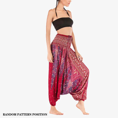 Foviel Two Style Wear Feathers Geometric Pattern Loose Smocked Trousers Jumpsuit Women's Yoga Pants