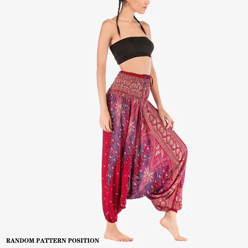 Foviel Two Style Wear Feathers Geometric Pattern Loose Smocked Trousers Jumpsuit Women's Yoga Pants