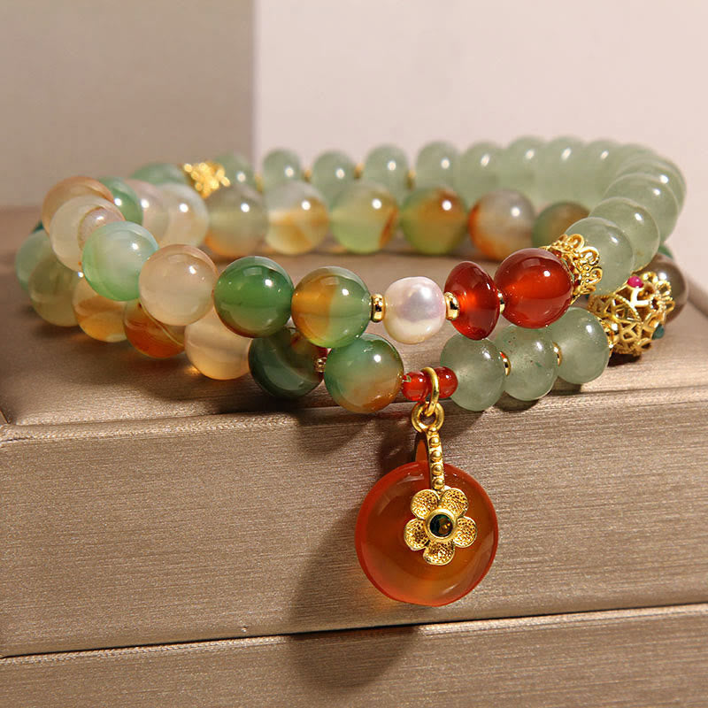 Bracelet à double rangée Foviel en agate paon colorée naturelle avec perle et pendentif peace buckle en forme de fleur