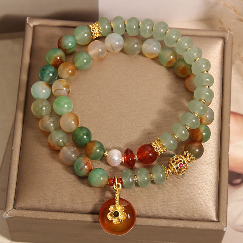 Bracelet à double rangée Foviel en agate paon colorée naturelle avec perle et pendentif peace buckle en forme de fleur