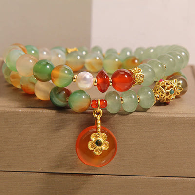 Bracelet à double rangée Foviel en agate paon colorée naturelle avec perle et pendentif peace buckle en forme de fleur