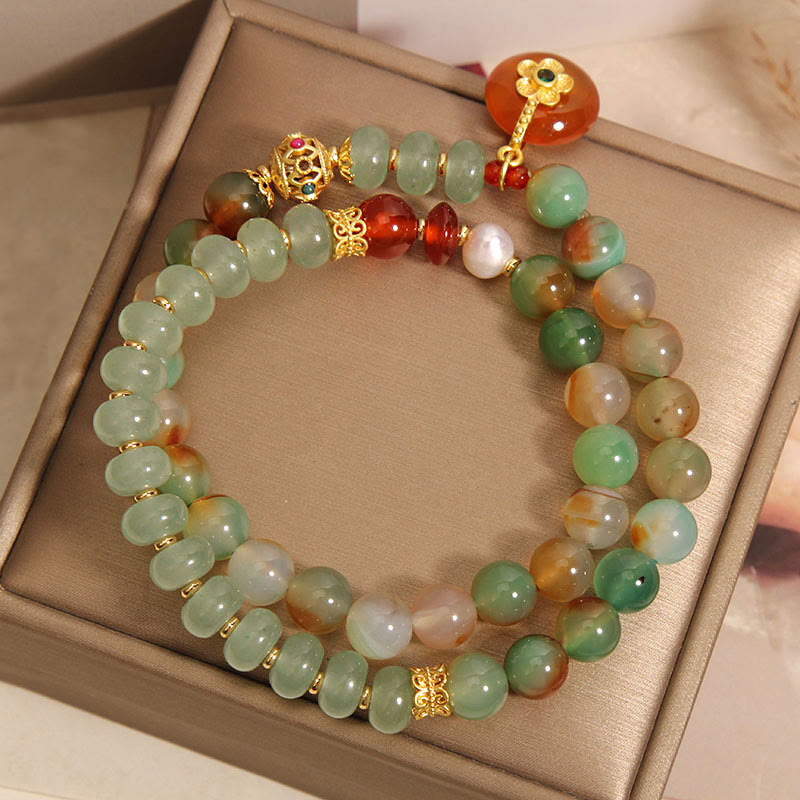 Bracelet à double rangée Foviel en agate paon colorée naturelle avec perle et pendentif peace buckle en forme de fleur
