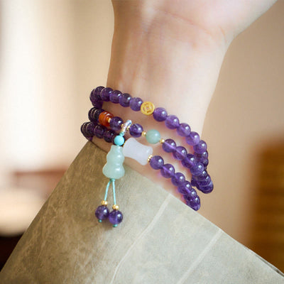 Foviel Natural Amethyst Beads Coin Hanging Gourd Chalcedony Lotus Balance Multi-layer Bracelet