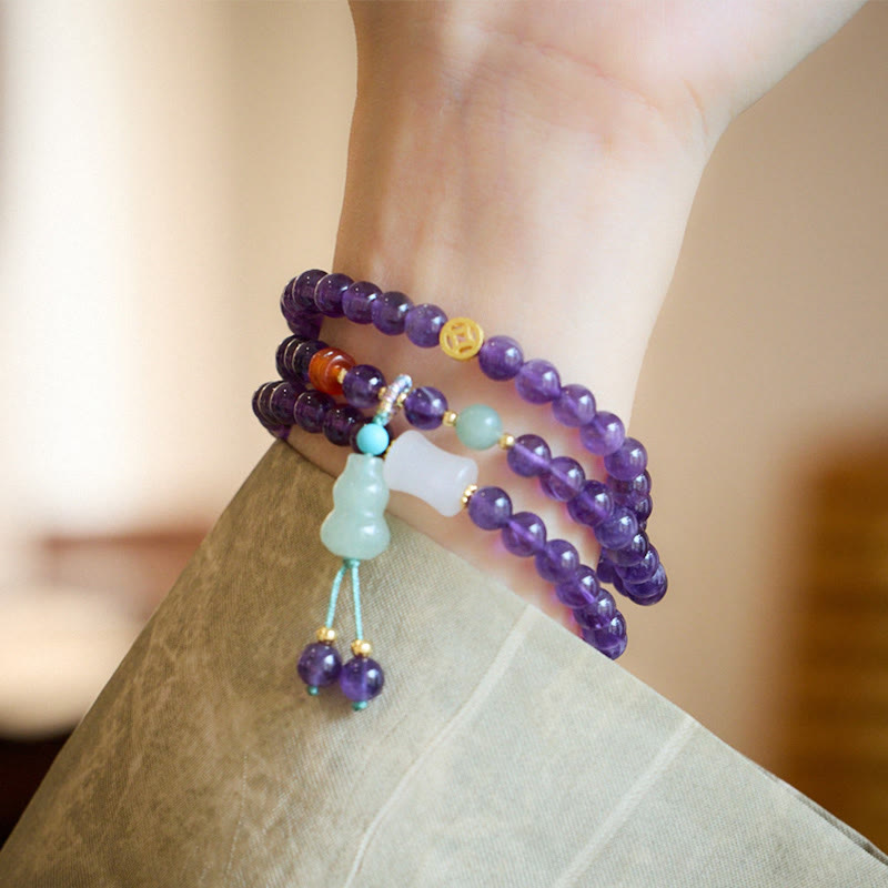 Foviel Natural Amethyst Beads Coin Hanging Gourd Chalcedony Lotus Balance Multi-layer Bracelet