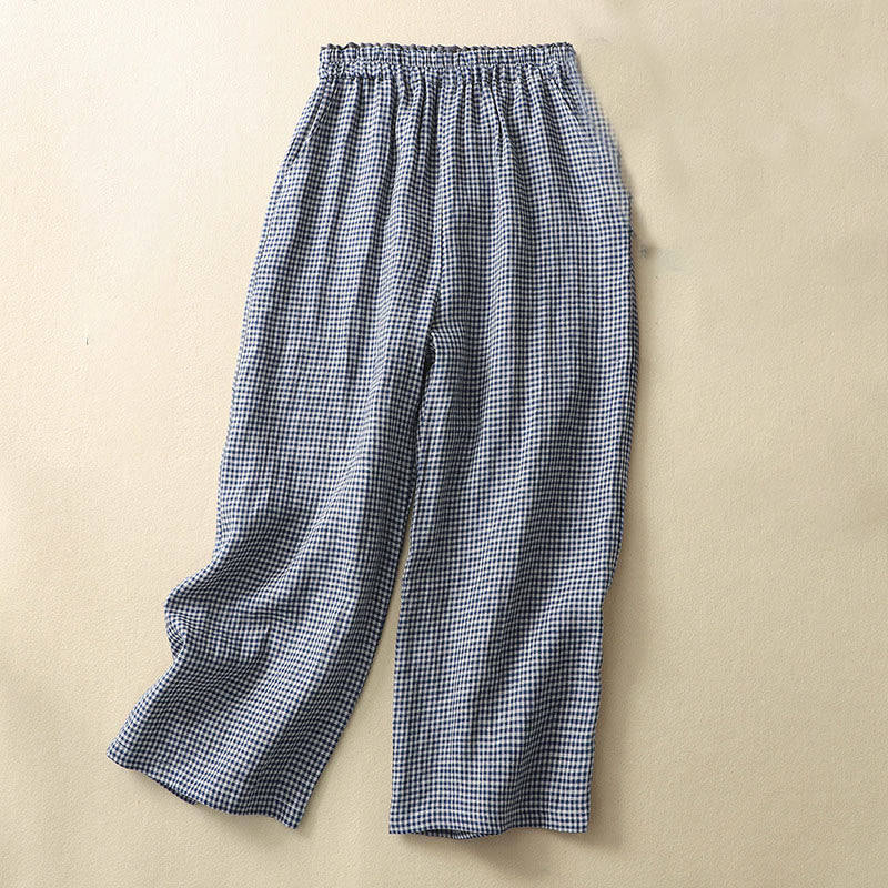 Buddha Stones Commute Casual Checkered Pattern 7-8 Length Women's Wide Leg Cotton Linen Pants With Pockets - image 1