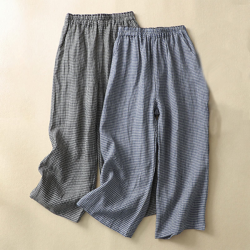 Buddha Stones Commute Casual Checkered Pattern 7-8 Length Women's Wide Leg Cotton Linen Pants With Pockets - image 16