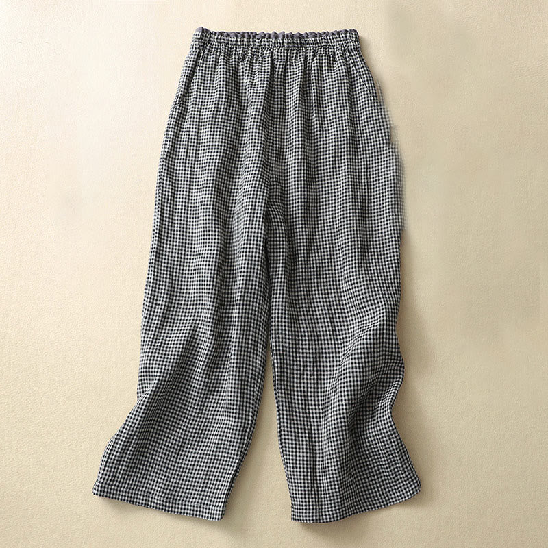 Buddha Stones Commute Casual Checkered Pattern 7-8 Length Women's Wide Leg Cotton Linen Pants With Pockets - Black - US8-10，UK/AU12-14，EU40-42 (2XL) - image 9