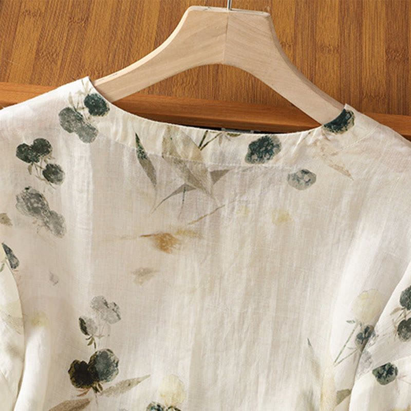 Buddha Stones Plant Printed V-neck Button Design Women's Polyester Three Quarter Sleeve Shirt - image 4