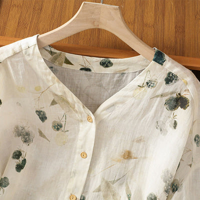 Buddha Stones Plant Printed V-neck Button Design Women's Polyester Three Quarter Sleeve Shirt - image 2