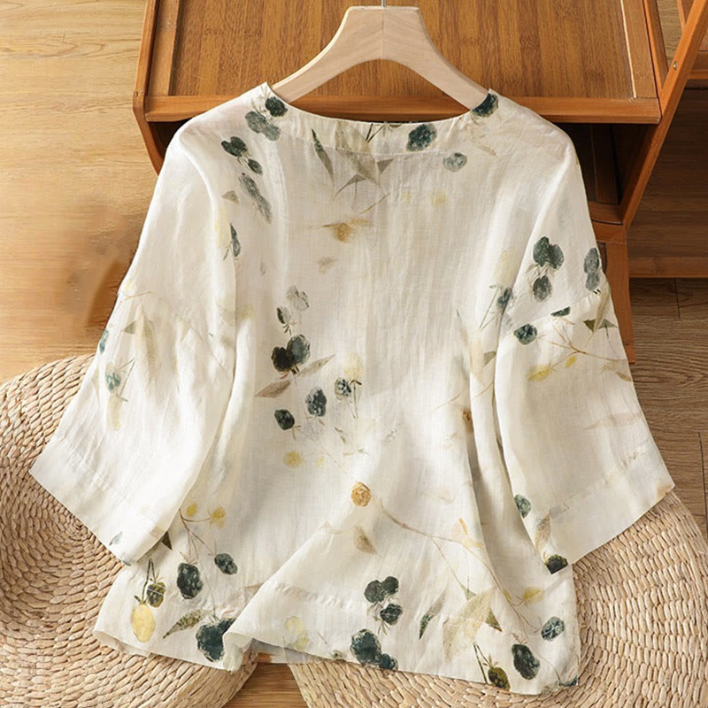 Buddha Stones Plant Printed V-neck Button Design Women's Polyester Three Quarter Sleeve Shirt - image 1