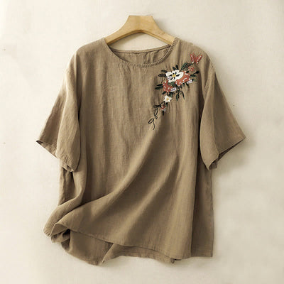 Foviel Casual Summer Embroidered Crew Neck Women's Cotton Short Sleeve T-shirt
