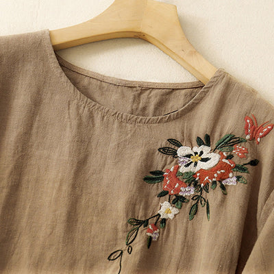 Foviel Casual Summer Embroidered Crew Neck Women's Cotton Short Sleeve T-shirt