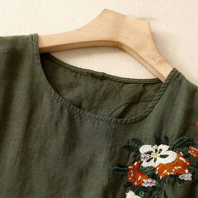 Foviel Casual Summer Embroidered Crew Neck Women's Cotton Short Sleeve T-shirt