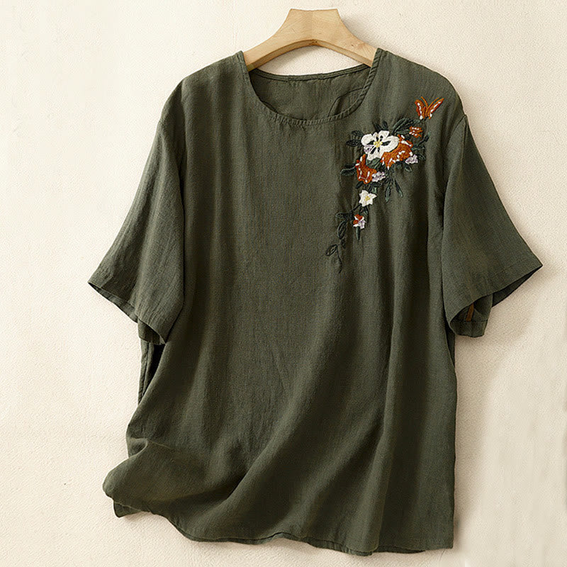 Foviel Casual Summer Embroidered Crew Neck Women's Cotton Short Sleeve T-shirt