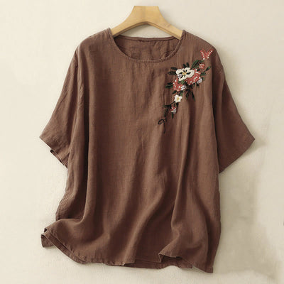Foviel Casual Summer Embroidered Crew Neck Women's Cotton Short Sleeve T-shirt