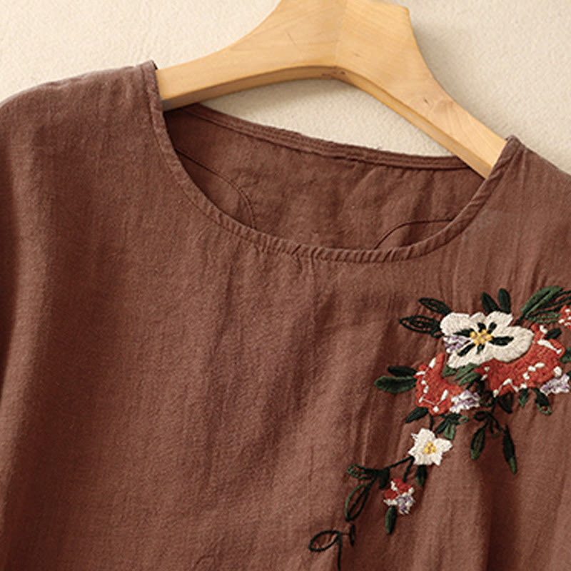 Foviel Casual Summer Embroidered Crew Neck Women's Cotton Short Sleeve T-shirt