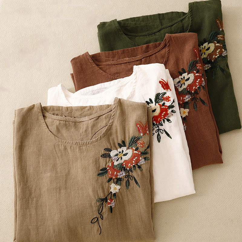 Foviel Casual Summer Embroidered Crew Neck Women's Cotton Short Sleeve T-shirt