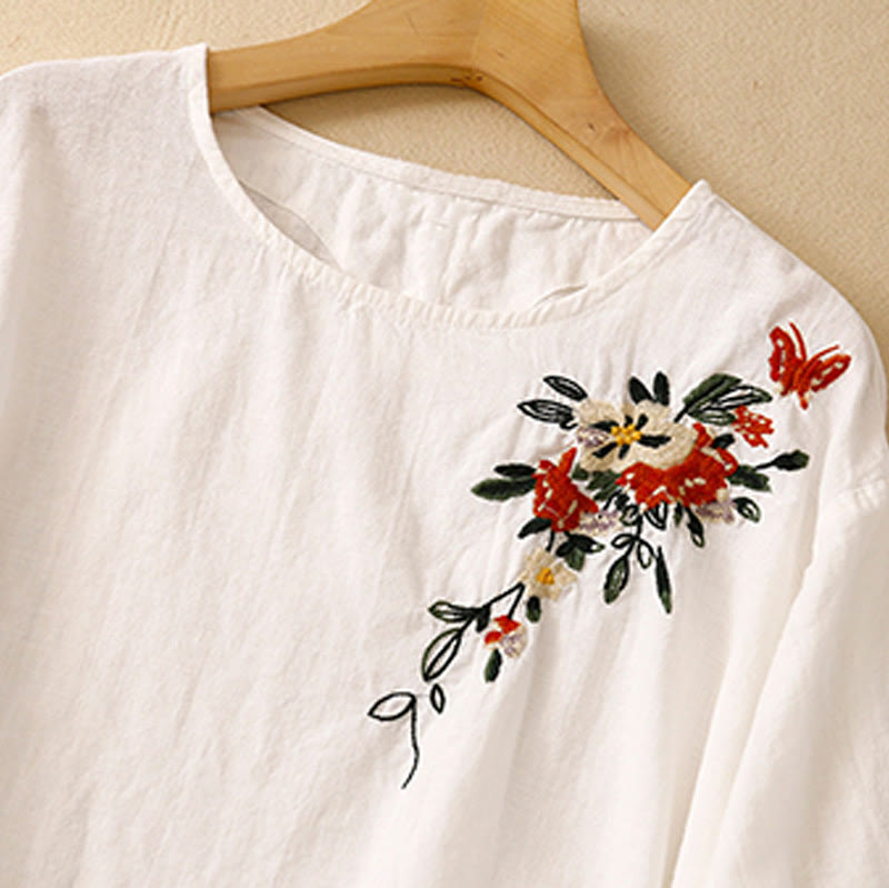 Foviel Casual Summer Embroidered Crew Neck Women's Cotton Short Sleeve T-shirt