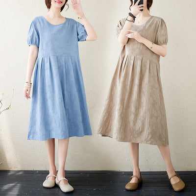 Buddha Stones Casual Solid Color Jacquard Crew Neck Short Puff Sleeve Cotton Linen Midi Dress - image 24