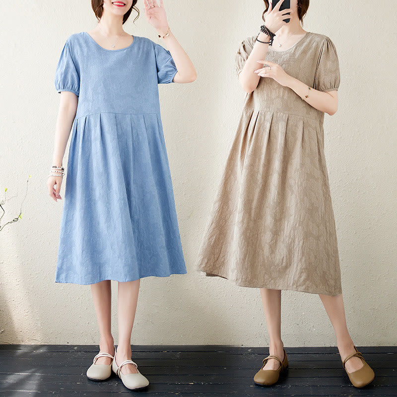 Buddha Stones Casual Solid Color Jacquard Crew Neck Short Puff Sleeve Cotton Linen Midi Dress - image 24