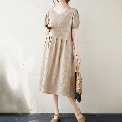 Buddha Stones Casual Solid Color Jacquard Crew Neck Short Puff Sleeve Cotton Linen Midi Dress - image 13