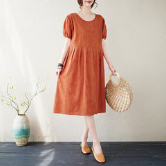 Buddha Stones Casual Solid Color Jacquard Crew Neck Short Puff Sleeve Cotton Linen Midi Dress - OrangeRed - US8-10，UK/AU12-14，EU40-42 (2XL) - image 0