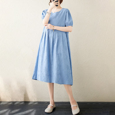 Buddha Stones Casual Solid Color Jacquard Crew Neck Short Puff Sleeve Cotton Linen Midi Dress - image 20