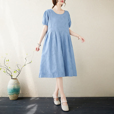 Buddha Stones Casual Solid Color Jacquard Crew Neck Short Puff Sleeve Cotton Linen Midi Dress - LightSkyBlue - US8-10，UK/AU12-14，EU40-42 (2XL) - image 17