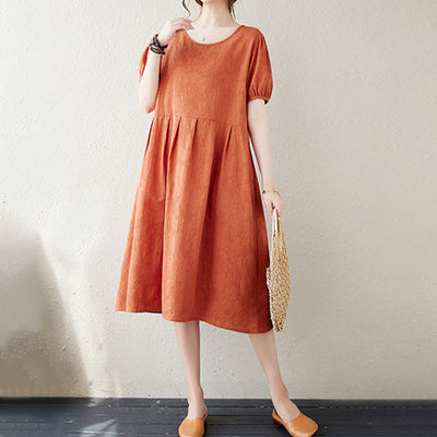Buddha Stones Casual Solid Color Jacquard Crew Neck Short Puff Sleeve Cotton Linen Midi Dress - image 4