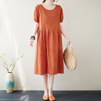 Buddha Stones Casual Solid Color Jacquard Crew Neck Short Puff Sleeve Cotton Linen Midi Dress - image 2