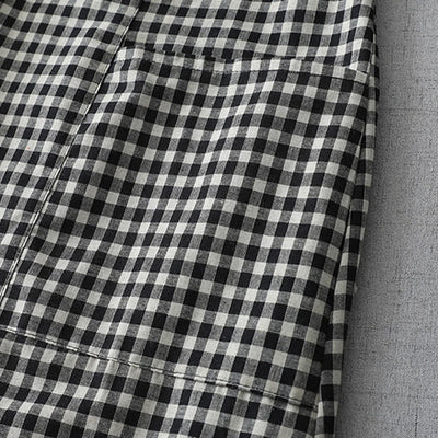 Foviel Casual Vintage Plaid Pattern Lapel Short Sleeve Midi Dress With Pockets