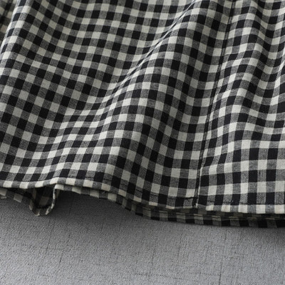 Foviel Casual Vintage Plaid Pattern Lapel Short Sleeve Midi Dress With Pockets