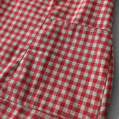 Foviel Casual Vintage Plaid Pattern Lapel Short Sleeve Midi Dress With Pockets