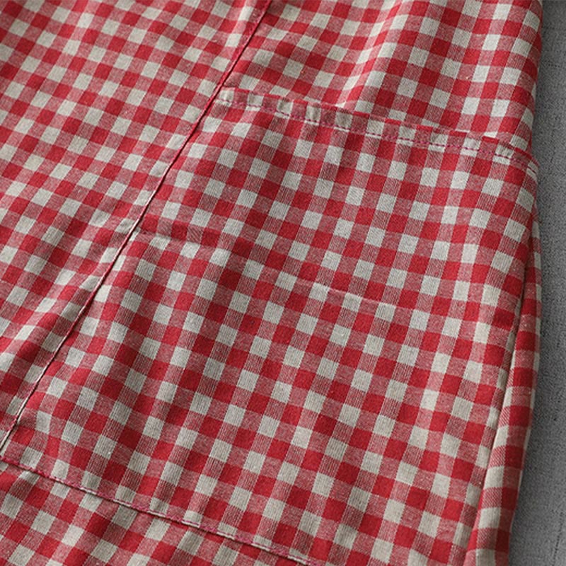 Foviel Casual Vintage Plaid Pattern Lapel Short Sleeve Midi Dress With Pockets