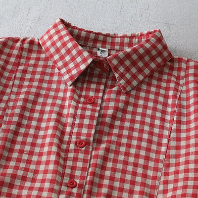 Foviel Casual Vintage Plaid Pattern Lapel Short Sleeve Midi Dress With Pockets