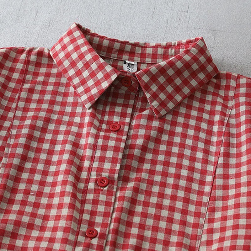 Foviel Casual Vintage Plaid Pattern Lapel Short Sleeve Midi Dress With Pockets
