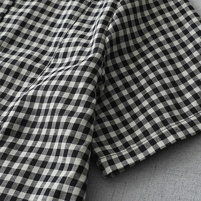 Foviel Casual Vintage Plaid Pattern Lapel Short Sleeve Midi Dress With Pockets