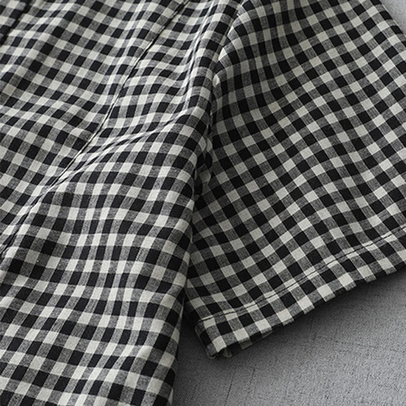 Foviel Casual Vintage Plaid Pattern Lapel Short Sleeve Midi Dress With Pockets