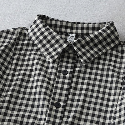 Foviel Casual Vintage Plaid Pattern Lapel Short Sleeve Midi Dress With Pockets