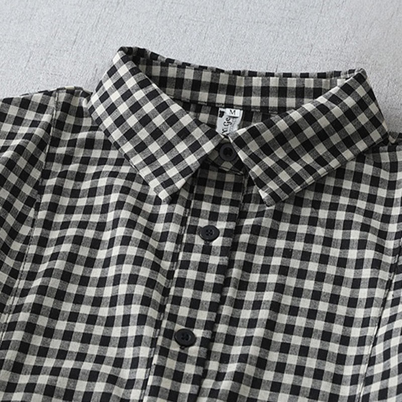 Foviel Casual Vintage Plaid Pattern Lapel Short Sleeve Midi Dress With Pockets