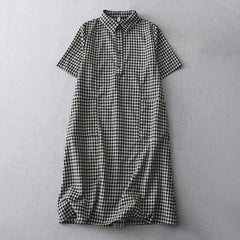 Foviel Casual Vintage Plaid Pattern Lapel Short Sleeve Midi Dress With Pockets