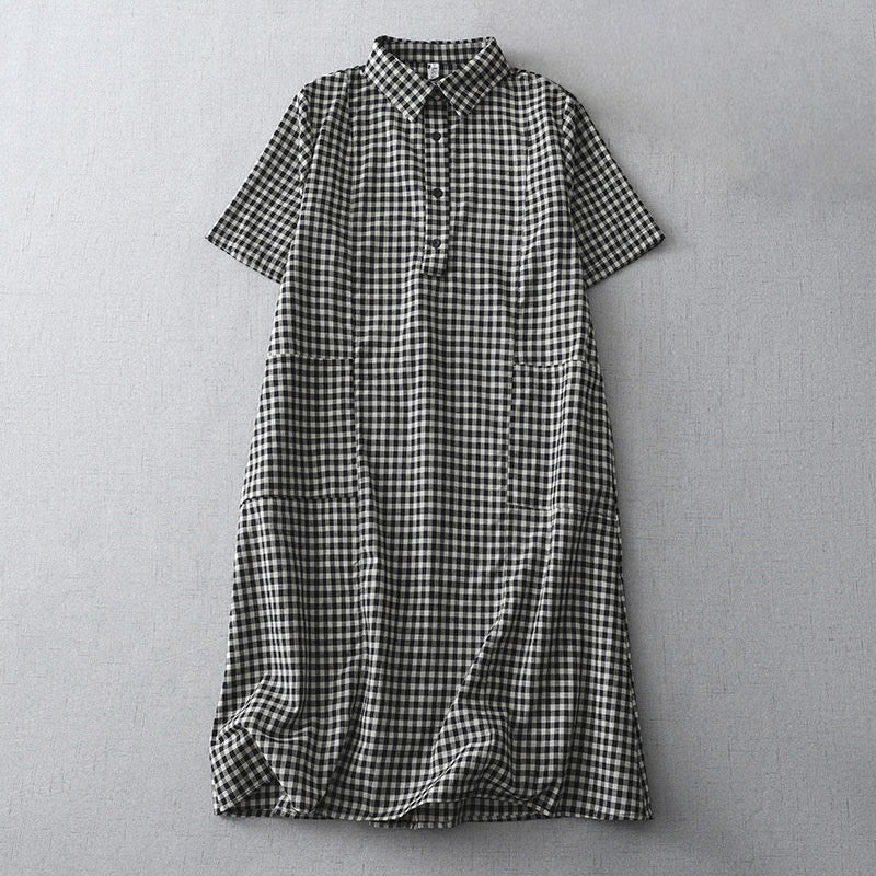 Foviel Casual Vintage Plaid Pattern Lapel Short Sleeve Midi Dress With Pockets