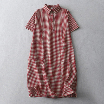 Foviel Casual Vintage Plaid Pattern Lapel Short Sleeve Midi Dress With Pockets