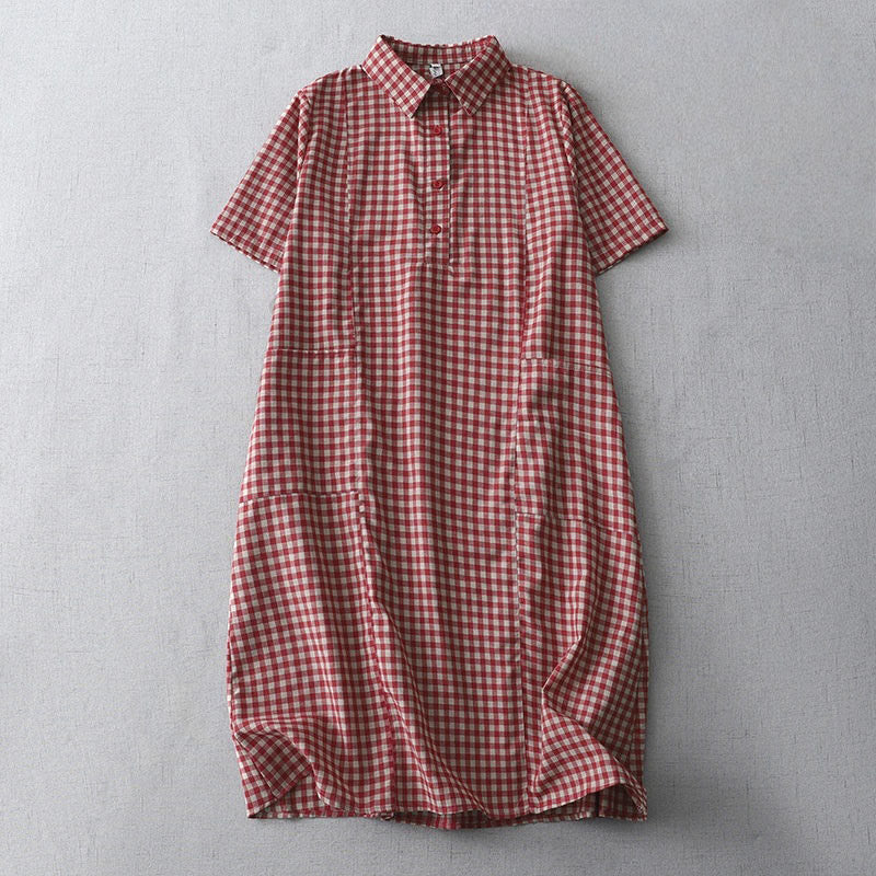 Foviel Casual Vintage Plaid Pattern Lapel Short Sleeve Midi Dress With Pockets