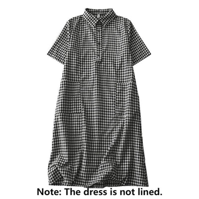 Foviel Casual Vintage Plaid Pattern Lapel Short Sleeve Midi Dress With Pockets