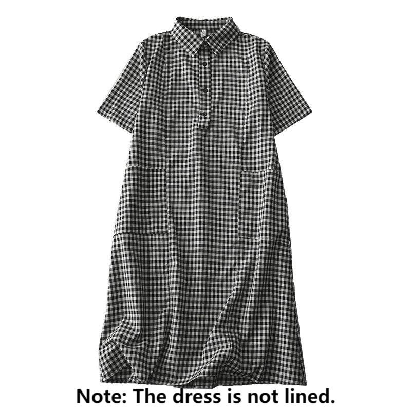 Foviel Casual Vintage Plaid Pattern Lapel Short Sleeve Midi Dress With Pockets