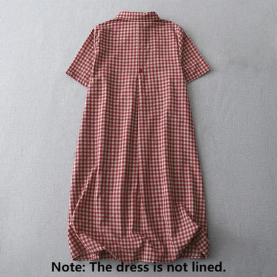 Foviel Casual Vintage Plaid Pattern Lapel Short Sleeve Midi Dress With Pockets
