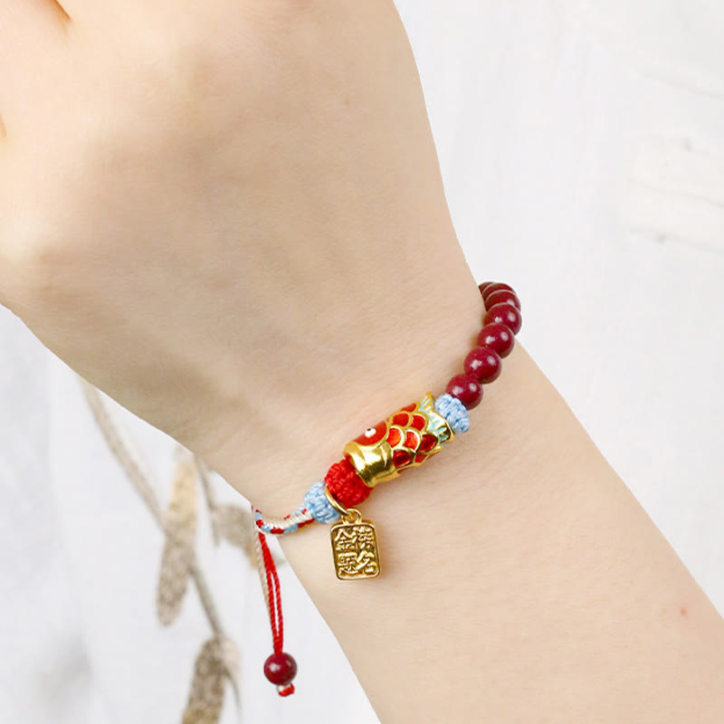 Foviel Zinnober Perlen Glück Koi Fisch Segen Armband