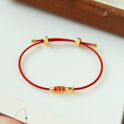 Bracelet de richesse Foviel en laiton avec cordon rouge et motif de poisson koï