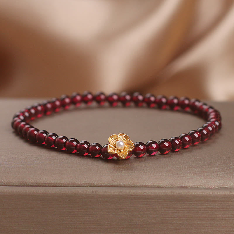 Foviel Natural 4mm Garnet Beads Flower Passion Bracelet